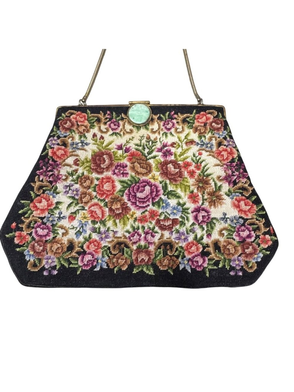Vintage Floral Needlepoint Handbag Flowers Tapestry Metal Frame & Clasp Closure